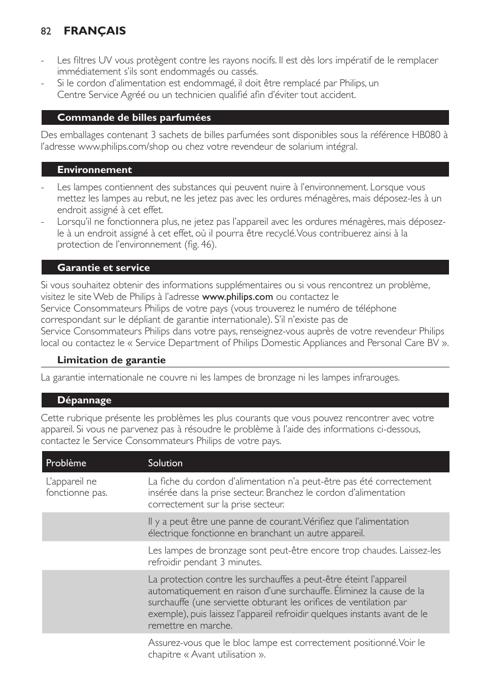 Commande de billes parfumées, Environnement, Garantie et service | Limitation de garantie, Dépannage | Philips HP8560 User Manual | Page 82 / 204