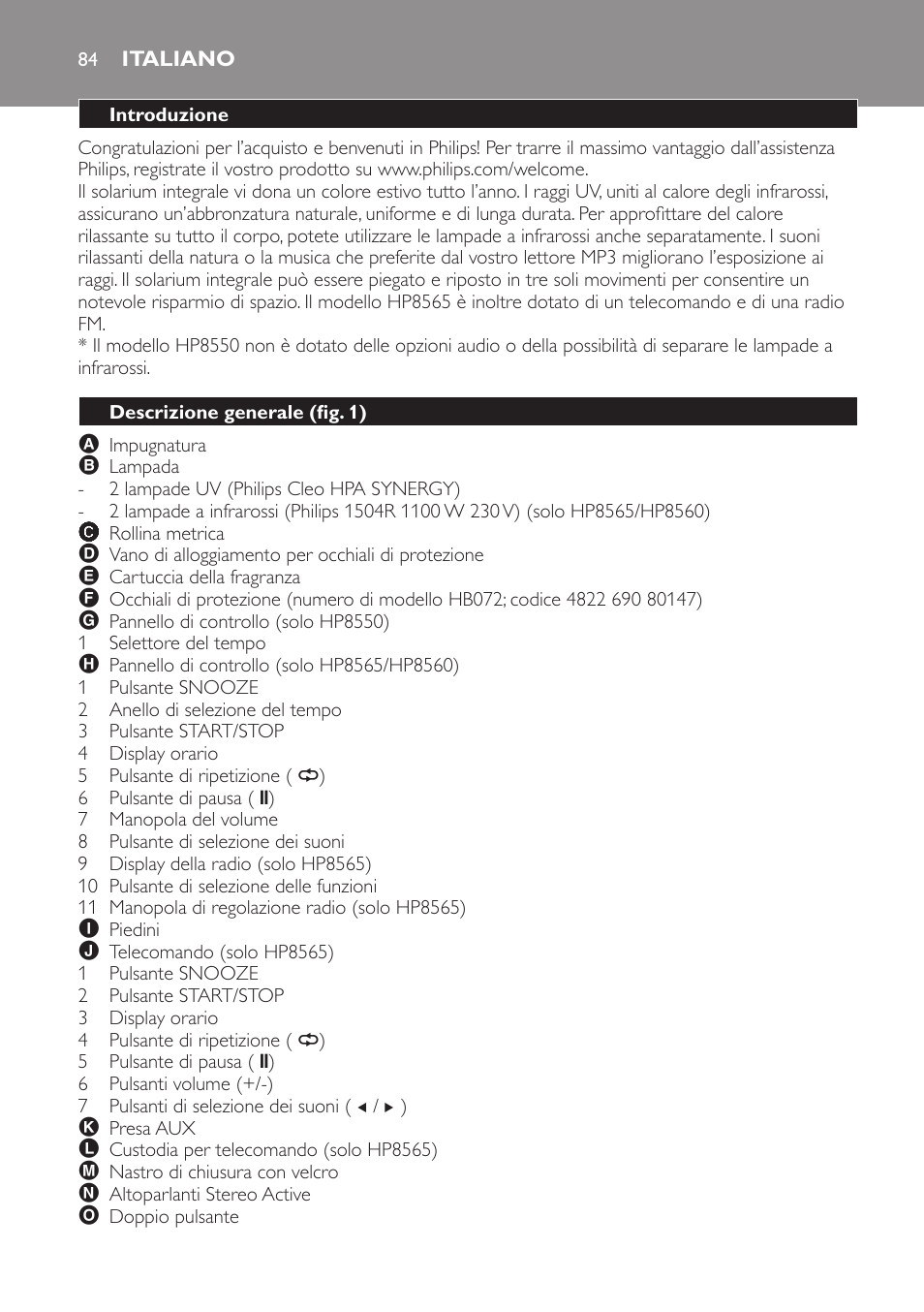 Italiano, Introduzione, Descrizione generale (fig. 1) | Philips HP8560 User Manual | Page 84 / 204