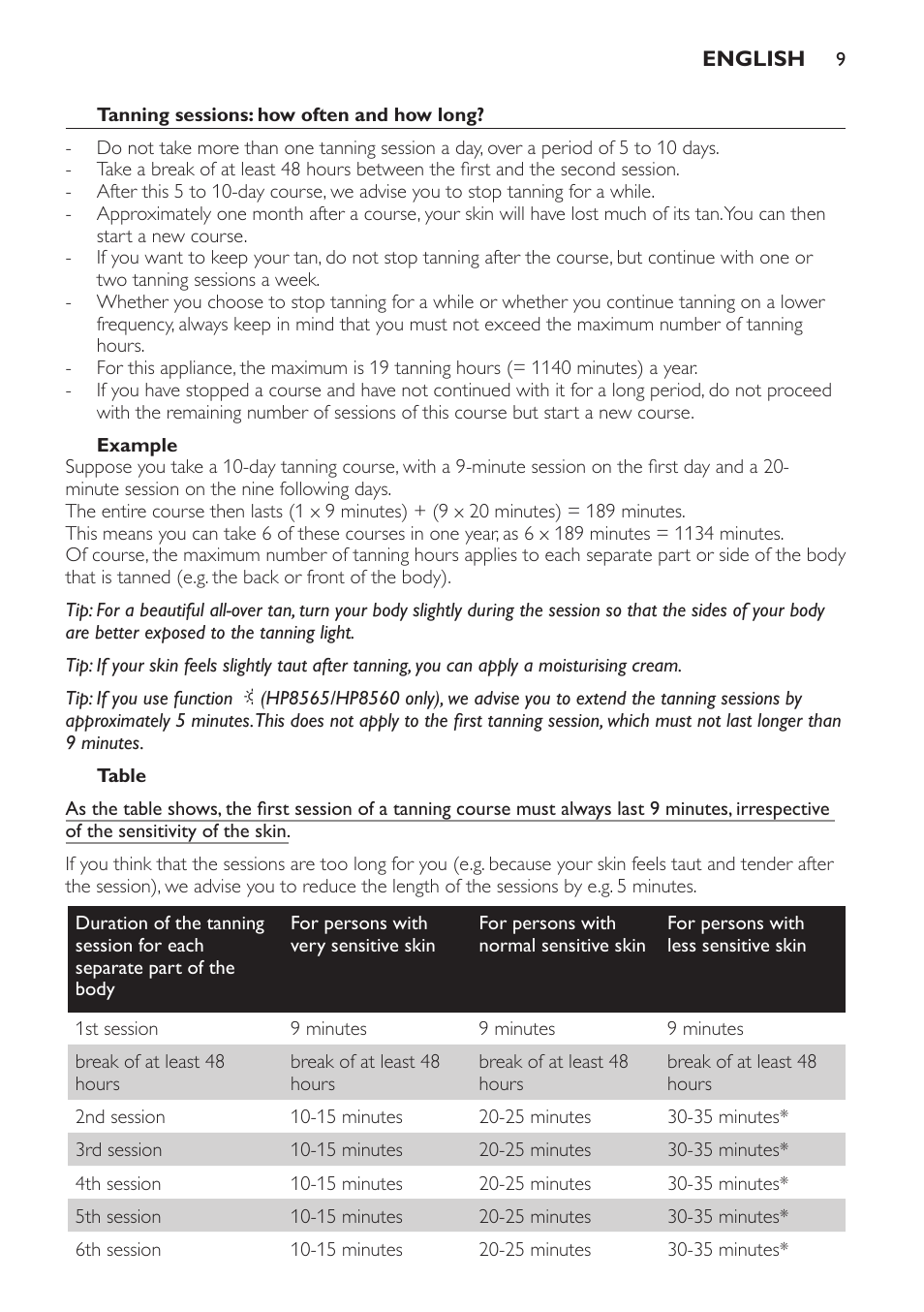 Tanning sessions: how often and how long, Example, Table | Philips HP8560 User Manual | Page 9 / 204