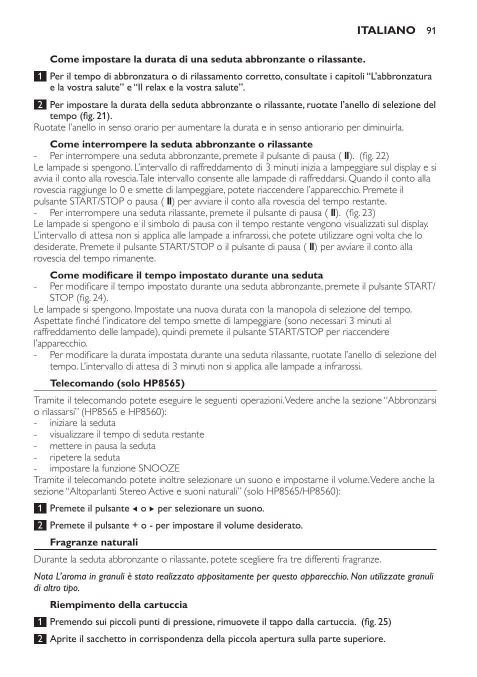 Telecomando (solo hp8565), Fragranze naturali, Riempimento della cartuccia | Philips HP8560 User Manual | Page 91 / 204