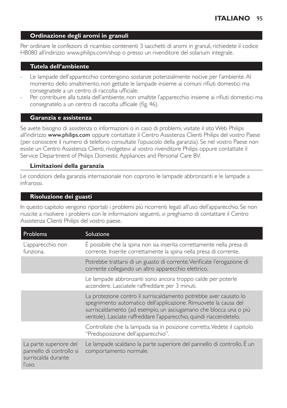 Ordinazione degli aromi in granuli, Tutela dell’ambiente, Garanzia e assistenza | Limitazioni della garanzia, Risoluzione dei guasti | Philips HP8560 User Manual | Page 95 / 204