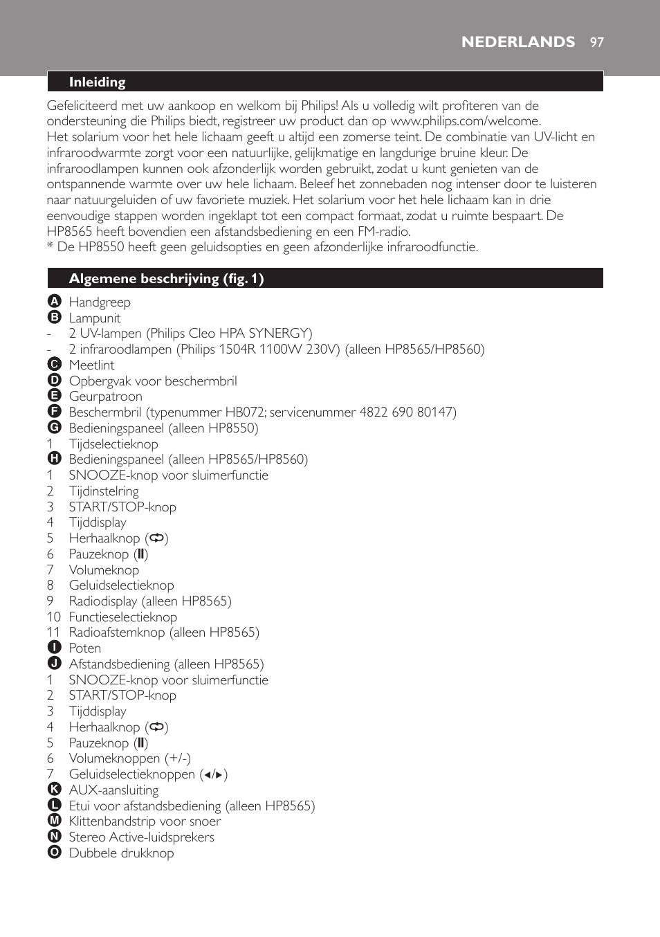 Nederlands, Inleiding, Algemene beschrijving (fig. 1) | Philips HP8560 User Manual | Page 97 / 204