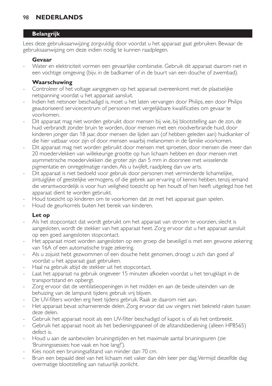 Gevaar, Waarschuwing, Let op | Belangrijk | Philips HP8560 User Manual | Page 98 / 204