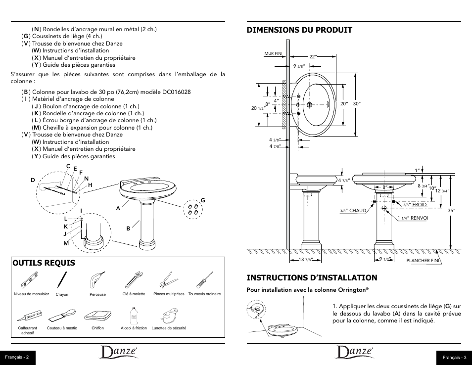 Outils requis, Dimensions du produit, Instructions d’installation | Danze DC018110 - Installation Manual User Manual | Page 11 / 14