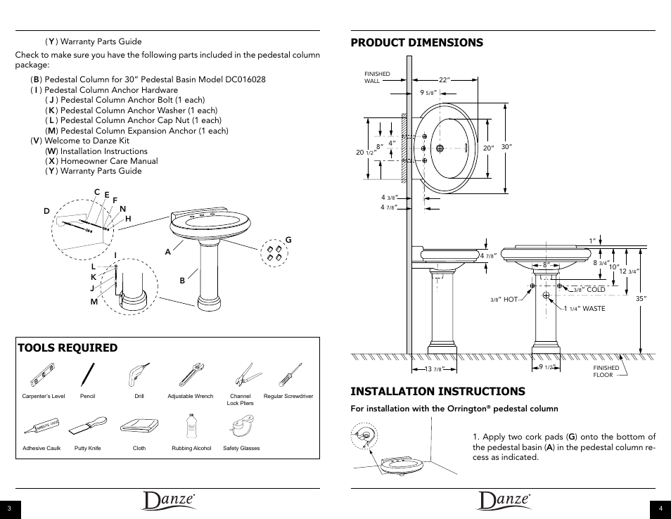 Installation instructions, Product dimensions tools required | Danze DC018110 - Installation Manual User Manual | Page 3 / 14