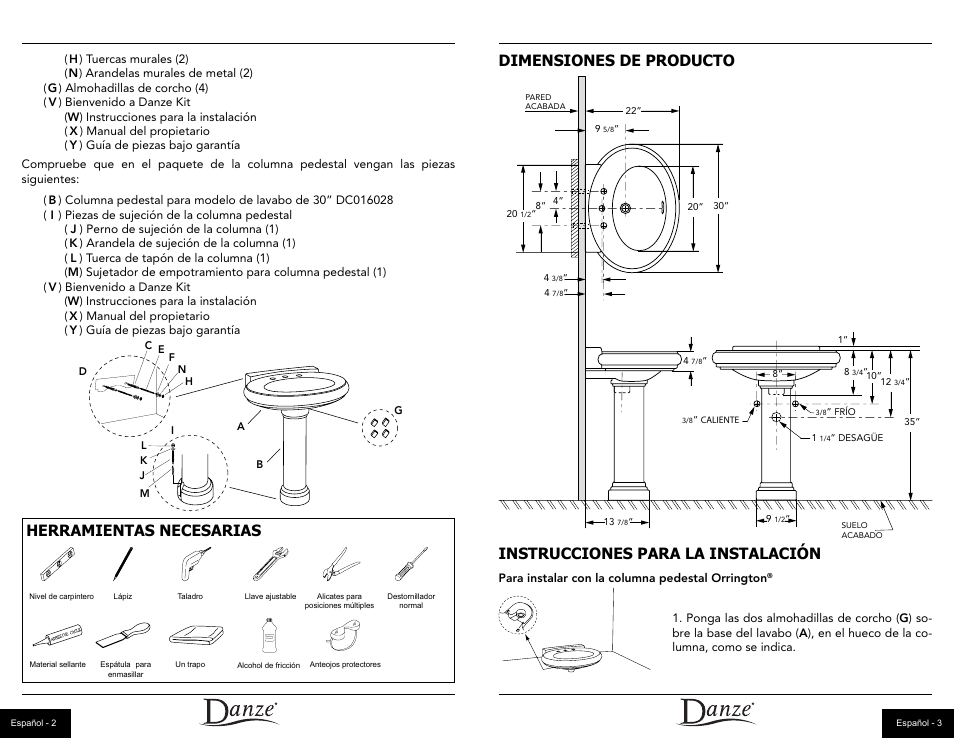 Herramientas necesarias, Dimensiones de producto, Instrucciones para la instalación | Danze DC018110 - Installation Manual User Manual | Page 7 / 14