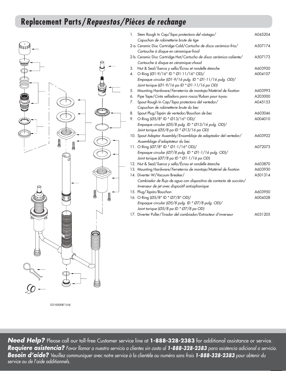 Replacement parts/ repuestos/pièces de rechange, Need help, Requiere asistencia | Besoin d’aide | Danze D210000BT - Installation Manual User Manual | Page 5 / 5