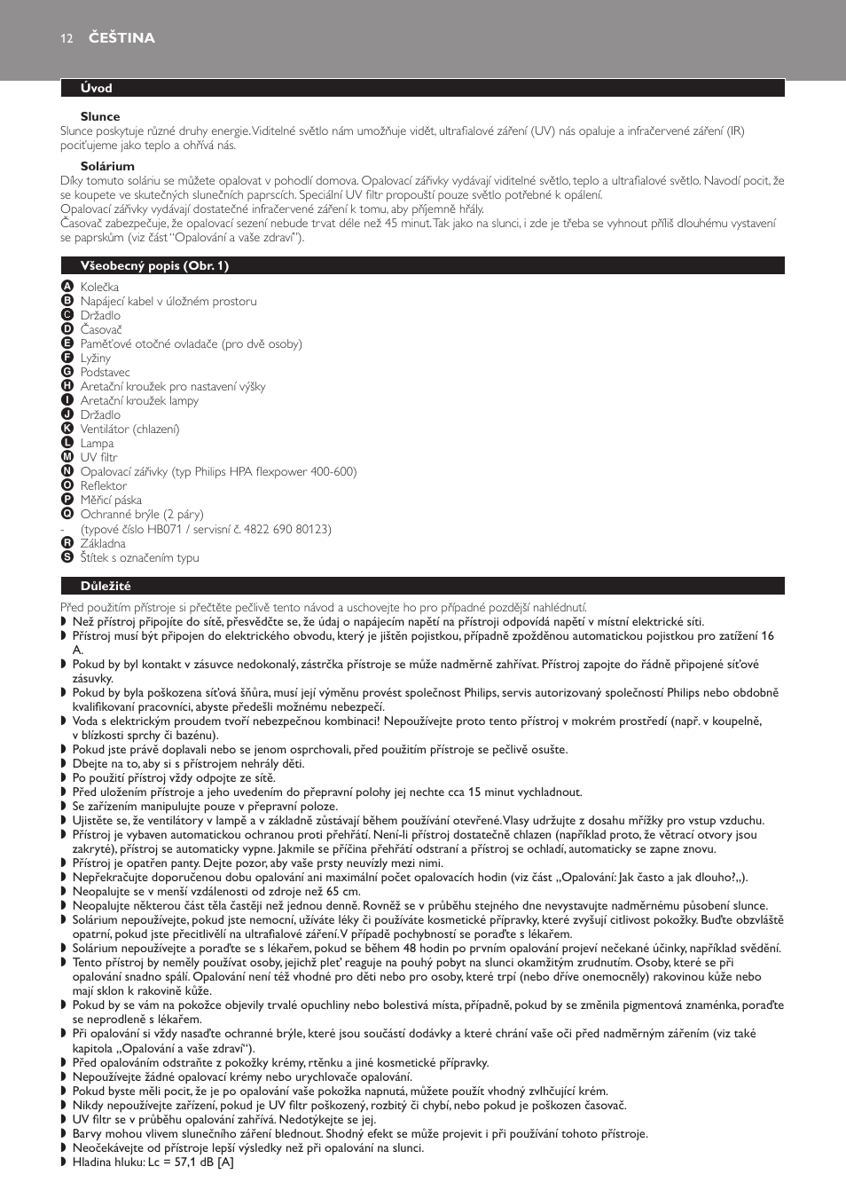 Slunce, Solárium, Čeština | Úvod, Všeobecný popis (obr. 1), Důležité | Philips HB823 User Manual | Page 12 / 72