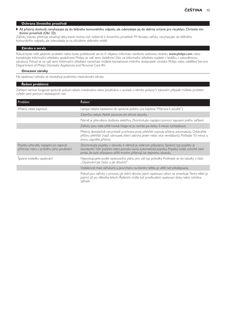 Ochrana životního prostředí, Záruka a servis, Omezení záruky | Řešení problémů | Philips HB823 User Manual | Page 15 / 72