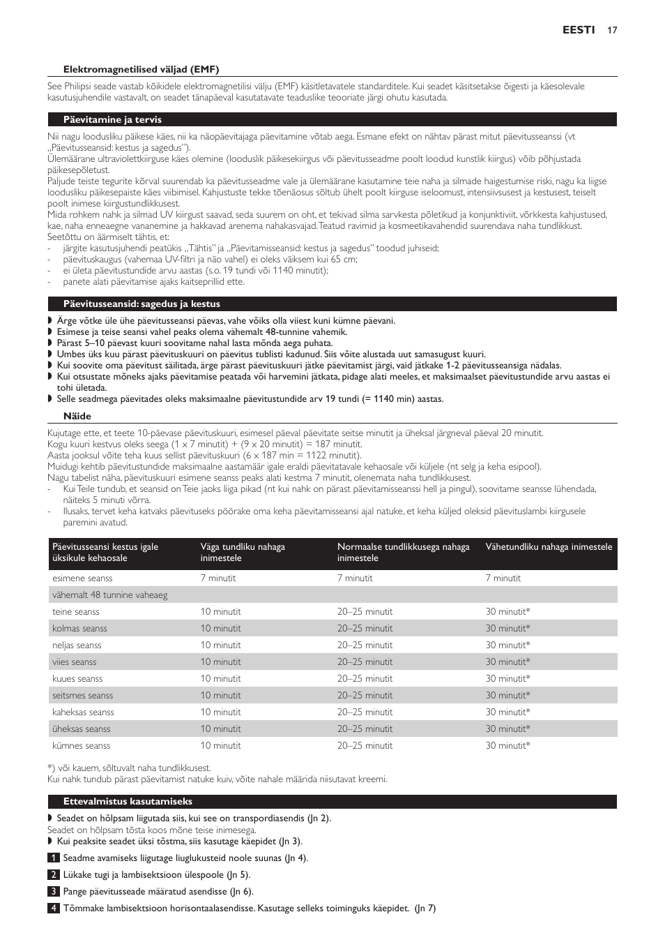 Elektromagnetilised väljad (emf), Päevitamine ja tervis, Päevitusseansid: sagedus ja kestus | Näide, Ettevalmistus kasutamiseks | Philips HB823 User Manual | Page 17 / 72