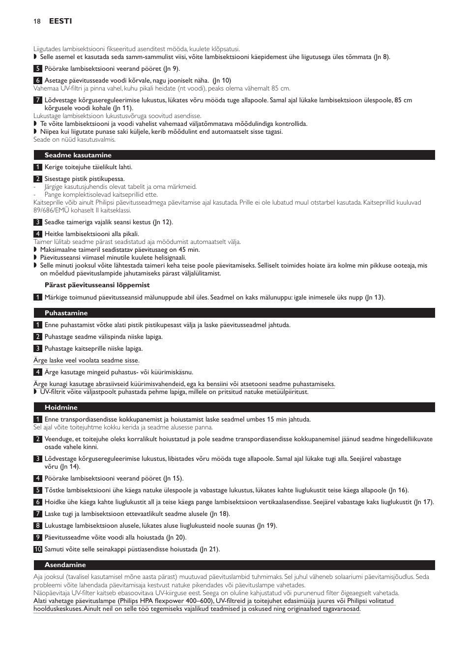 Pärast päevitusseansi lõppemist, Seadme kasutamine, Puhastamine | Hoidmine, Asendamine | Philips HB823 User Manual | Page 18 / 72