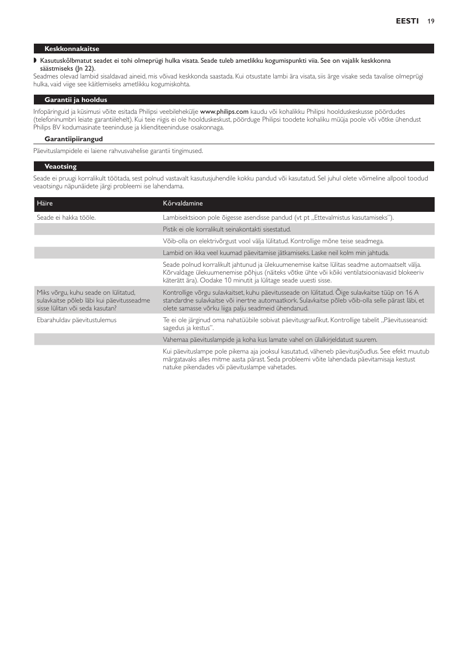 Keskkonnakaitse, Garantii ja hooldus, Garantiipiirangud | Veaotsing | Philips HB823 User Manual | Page 19 / 72