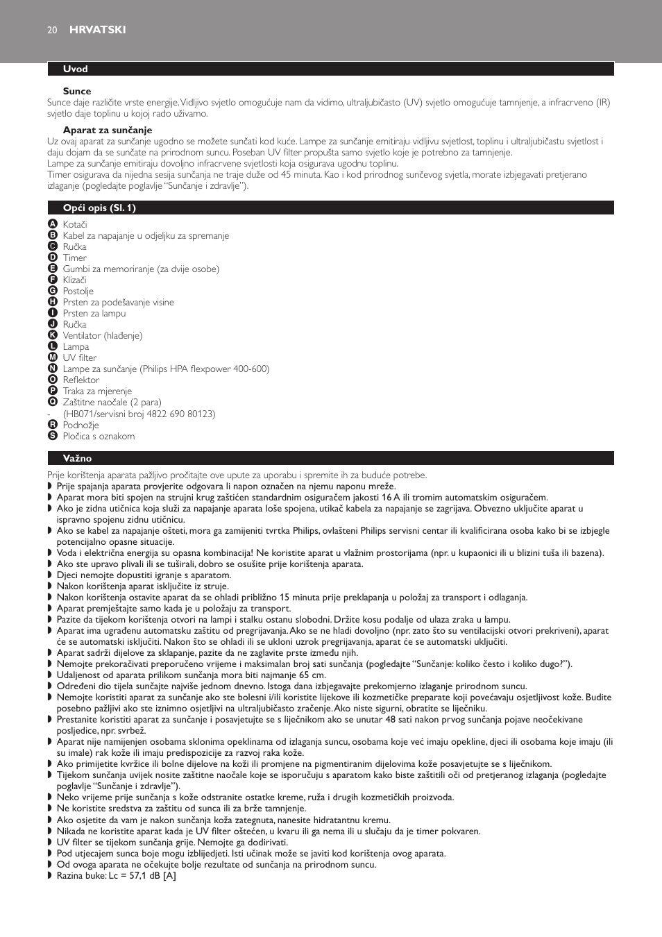 Sunce, Aparat za sunčanje, Hrvatski | Uvod, Opći opis (sl. 1), Važno, Elektromagnetska polja (emf) | Philips HB823 User Manual | Page 20 / 72