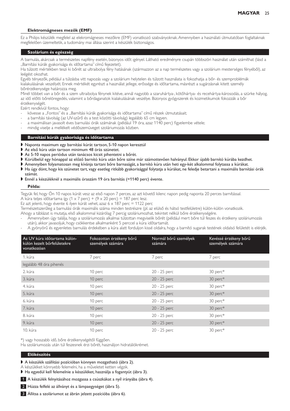 Elektromágneses mezők (emf), Szolárium és egészség, Barnítási kúrák gyakorisága és időtartama | Példa, Előkészítés | Philips HB823 User Manual | Page 25 / 72