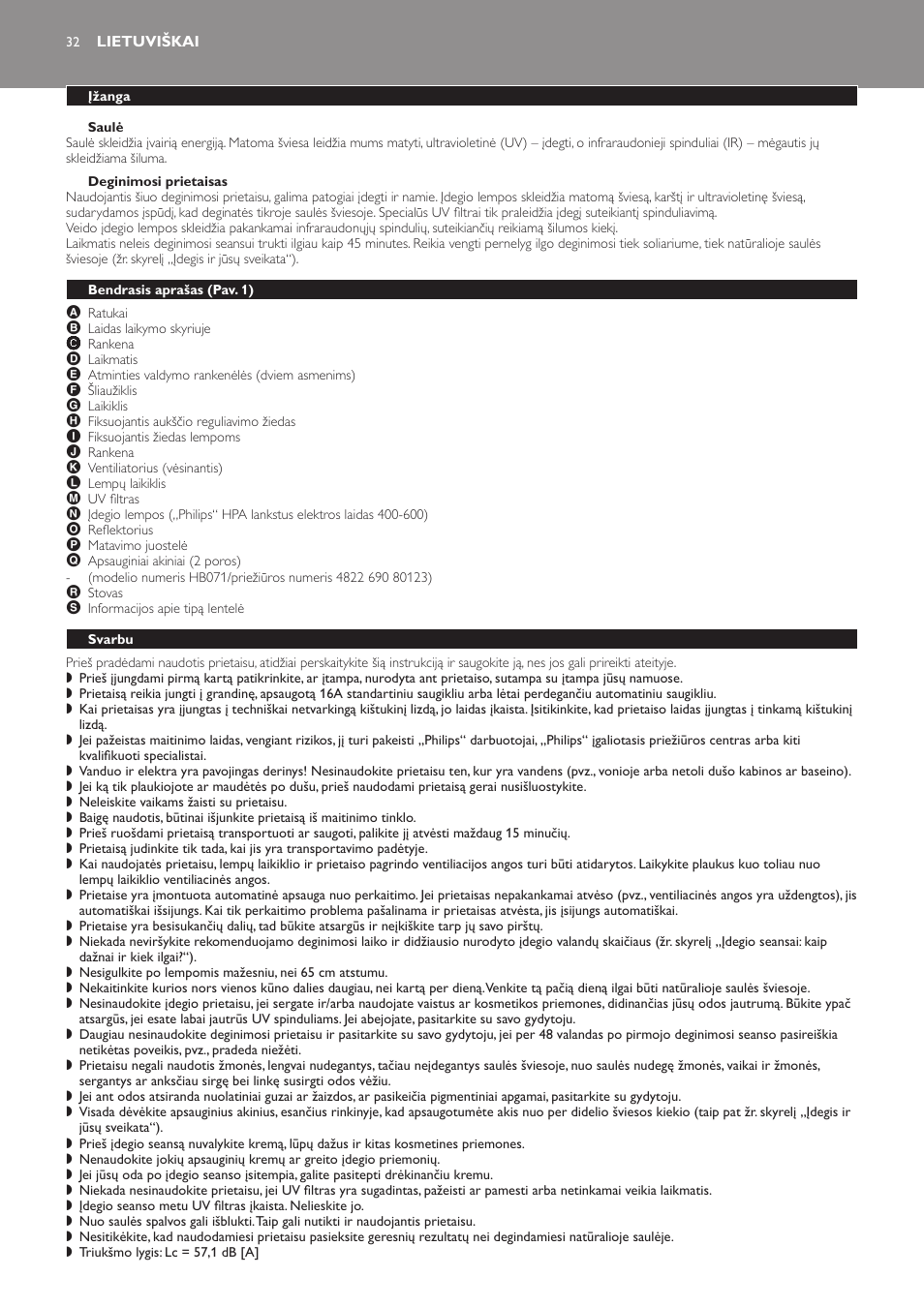 Saulė, Deginimosi prietaisas, Lietuviškai | Įžanga, Bendrasis aprašas (pav. 1), Svarbu | Philips HB823 User Manual | Page 32 / 72