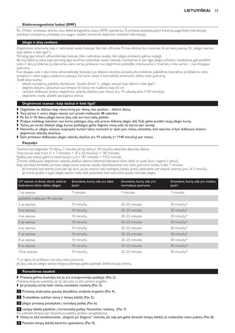 Elektromagnetiniai laukai (emf), Įdegis ir jūsų sveikata, Deginimosi seansai : kaip dažnai ir kiek ilgai | Pavyzdys, Paruošimas naudoti | Philips HB823 User Manual | Page 33 / 72