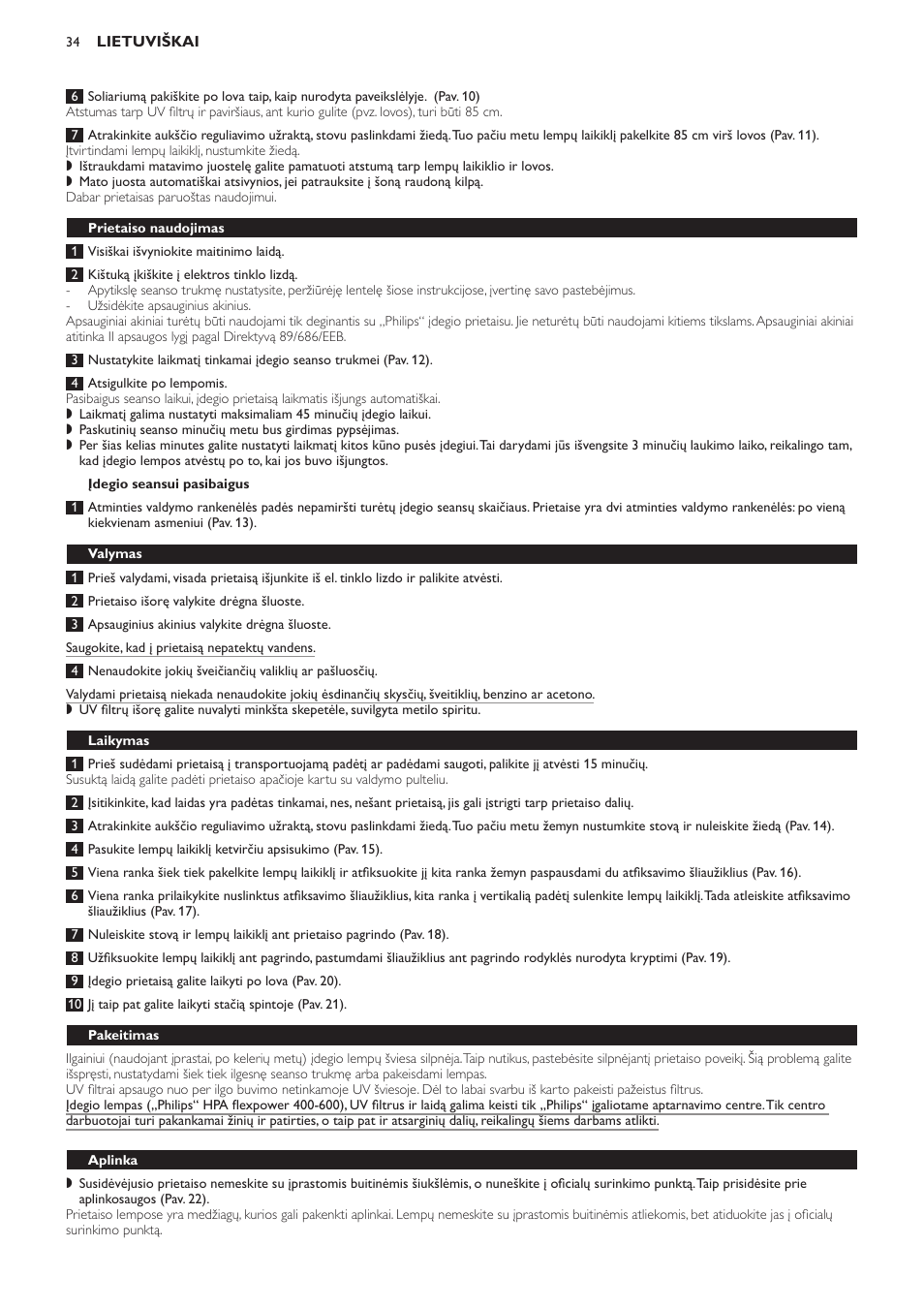 Įdegio seansui pasibaigus, Prietaiso naudojimas, Valymas | Laikymas, Pakeitimas, Aplinka | Philips HB823 User Manual | Page 34 / 72
