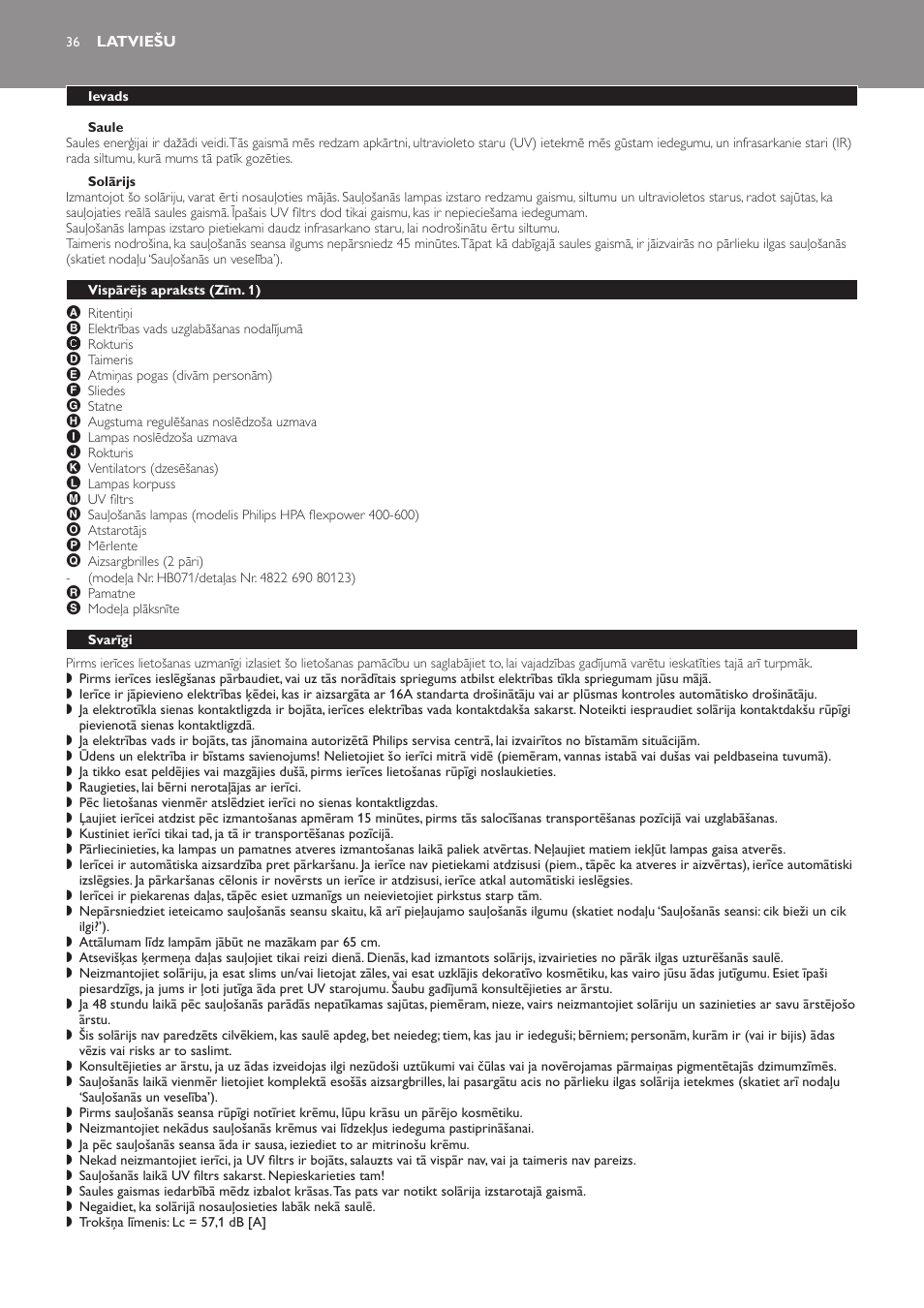 Saule, Solārijs, Latviešu | Ievads, Vispārējs apraksts (zīm. 1), Svarīgi, Elektromagnētiskie lauki (emf) | Philips HB823 User Manual | Page 36 / 72