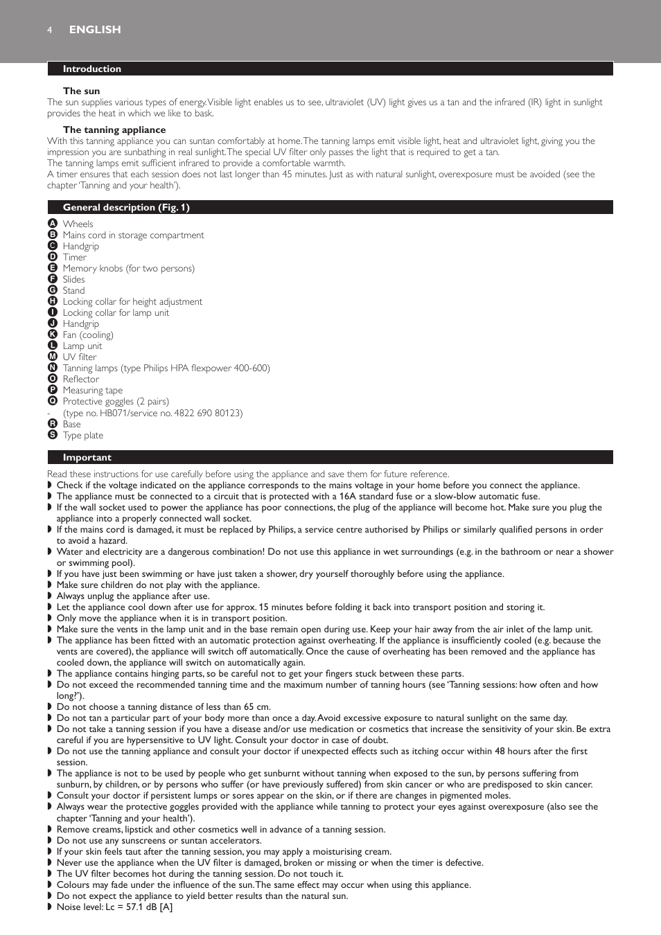 English, Introduction, The sun | The tanning appliance, General description (fig. 1), Important | Philips HB823 User Manual | Page 4 / 72