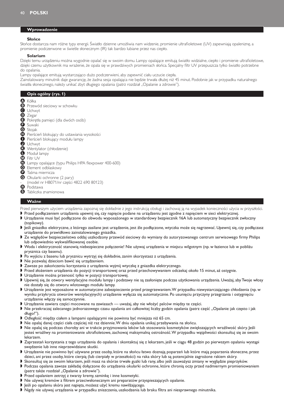 Słońce, Solarium, Polski | Wprowadzenie, Opis ogólny (rys. 1), Ważne | Philips HB823 User Manual | Page 40 / 72