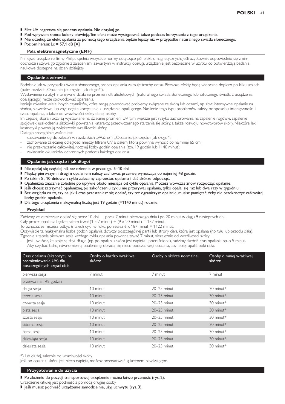 Pola elektromagnetyczne (emf), Opalanie a zdrowie, Opalanie: jak często i jak długo | Przykład, Przygotowanie do użycia | Philips HB823 User Manual | Page 41 / 72