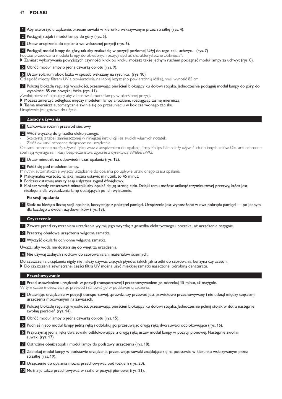 Po sesji opalania, Zasady używania, Czyszczenie | Przechowywanie | Philips HB823 User Manual | Page 42 / 72