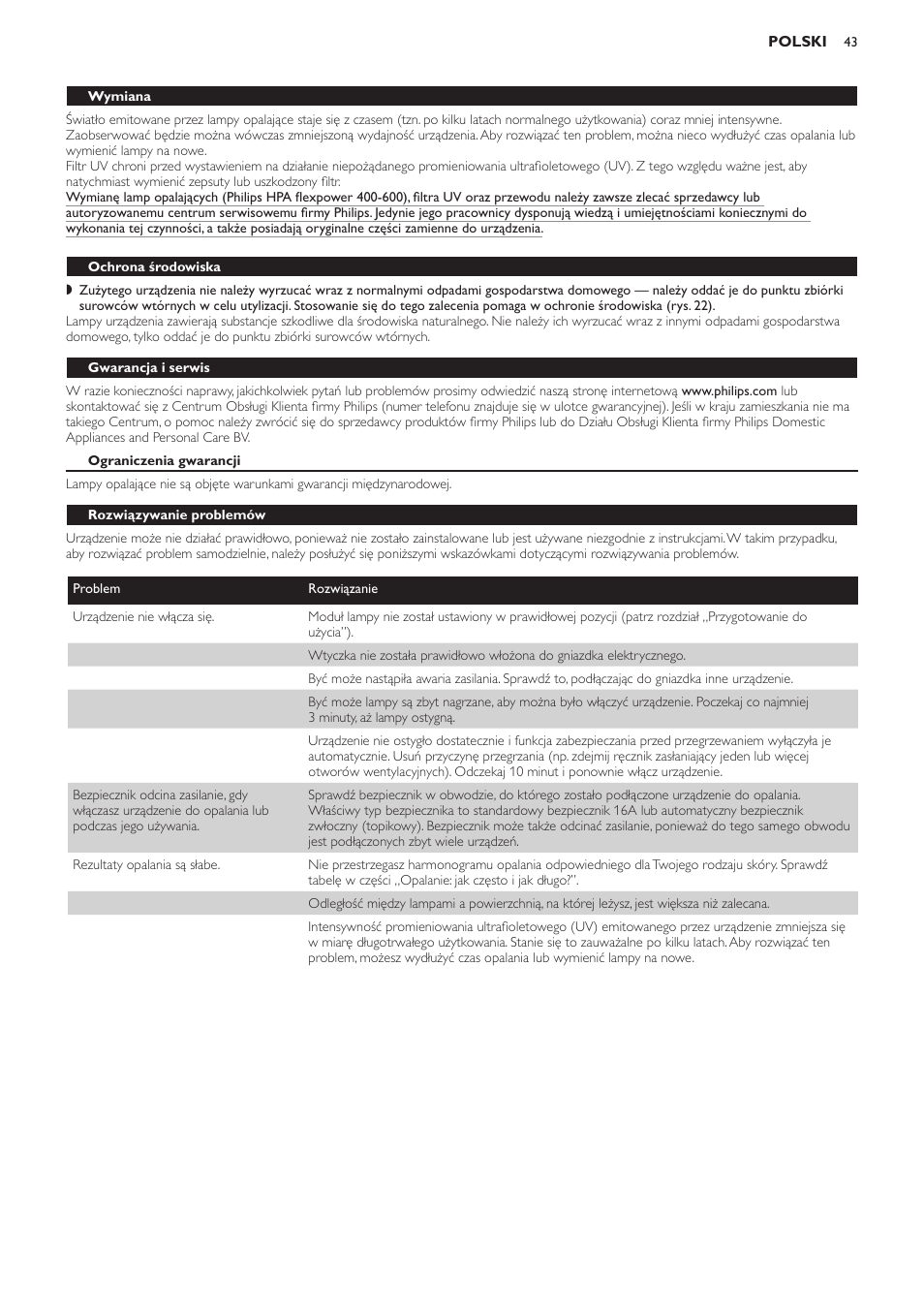 Wymiana, Ochrona środowiska, Gwarancja i serwis | Ograniczenia gwarancji, Rozwiązywanie problemów | Philips HB823 User Manual | Page 43 / 72