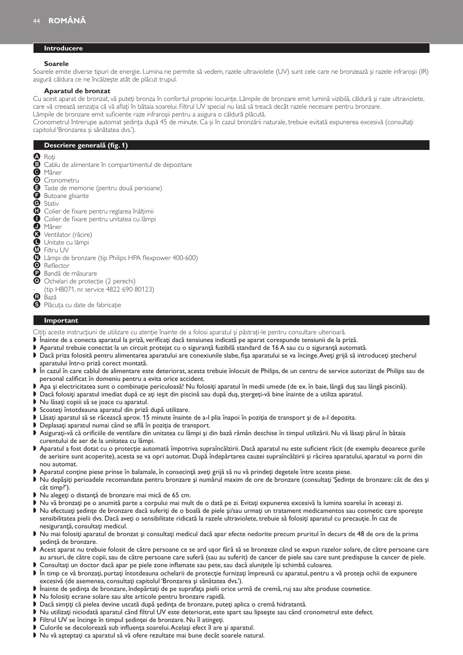 Soarele, Aparatul de bronzat, Română | Introducere, Descriere generală (fig. 1), Important | Philips HB823 User Manual | Page 44 / 72