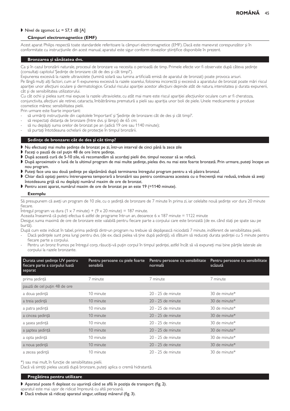 Câmpuri electromagnetice (emf), Bronzarea şi sănătatea dvs, Şedinţe de bronzare: cât de des şi cât timp | Exemplu, Pregătirea pentru utilizare | Philips HB823 User Manual | Page 45 / 72