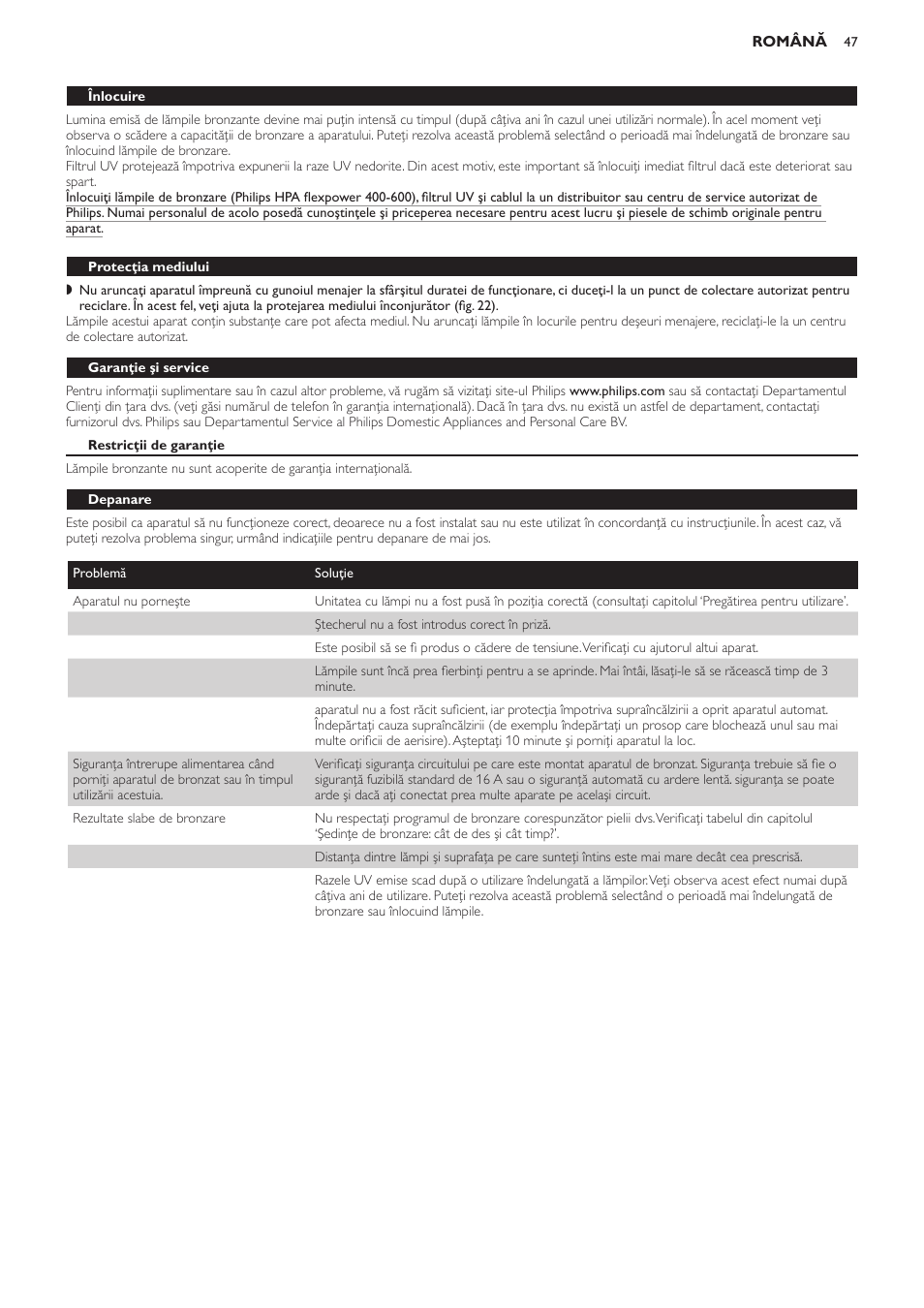 Protecţia mediului, Garanţie şi service, Restricţii de garanţie | Depanare | Philips HB823 User Manual | Page 47 / 72