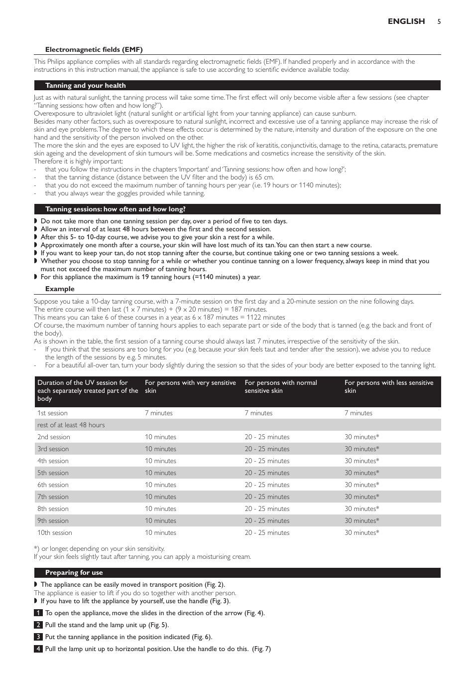 Electromagnetic fields (emf), Tanning and your health, Tanning sessions: how often and how long | Example, Preparing for use | Philips HB823 User Manual | Page 5 / 72