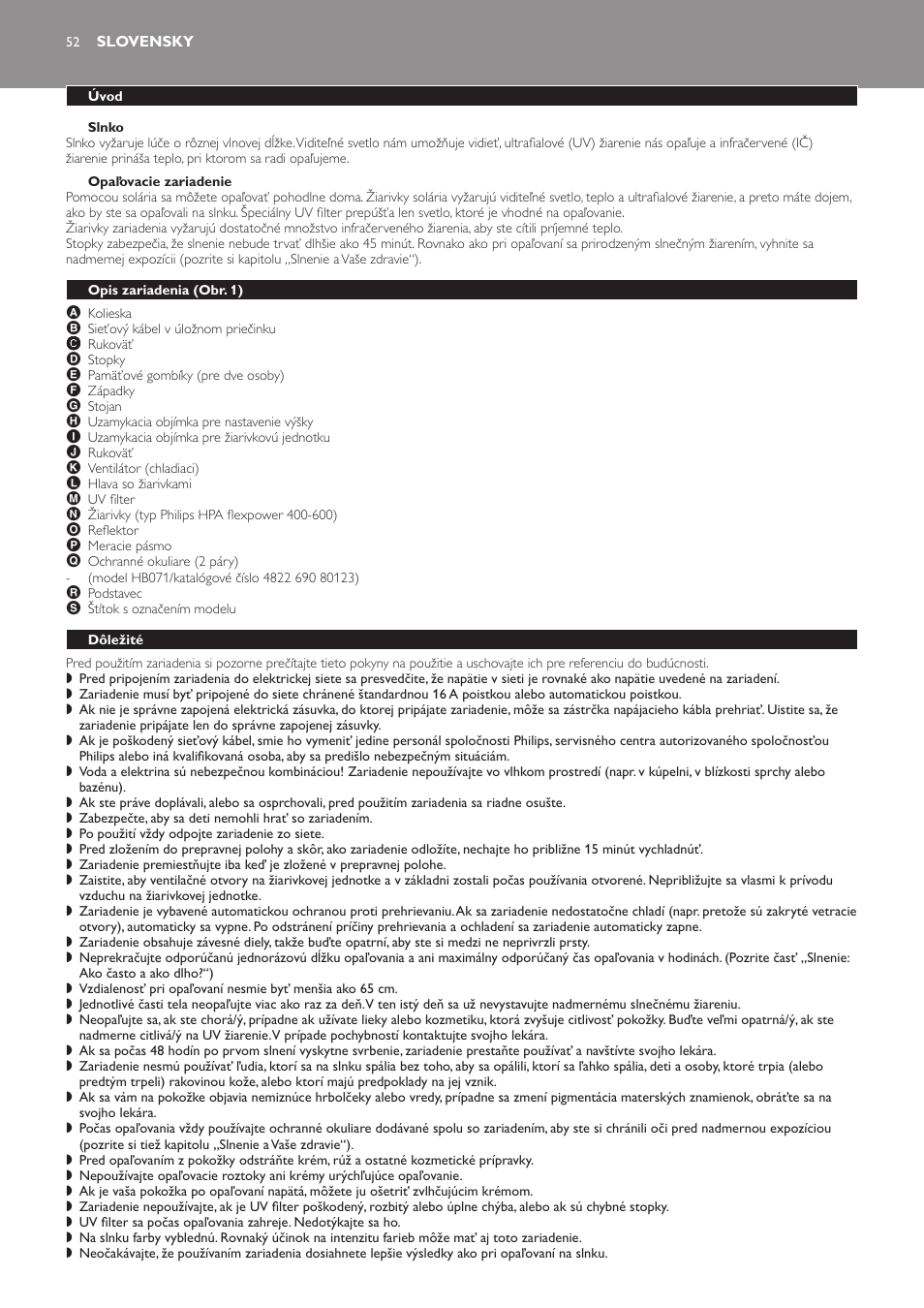Slnko, Opaľovacie zariadenie, Slovensky | Úvod, Opis zariadenia (obr. 1), Dôležité | Philips HB823 User Manual | Page 52 / 72