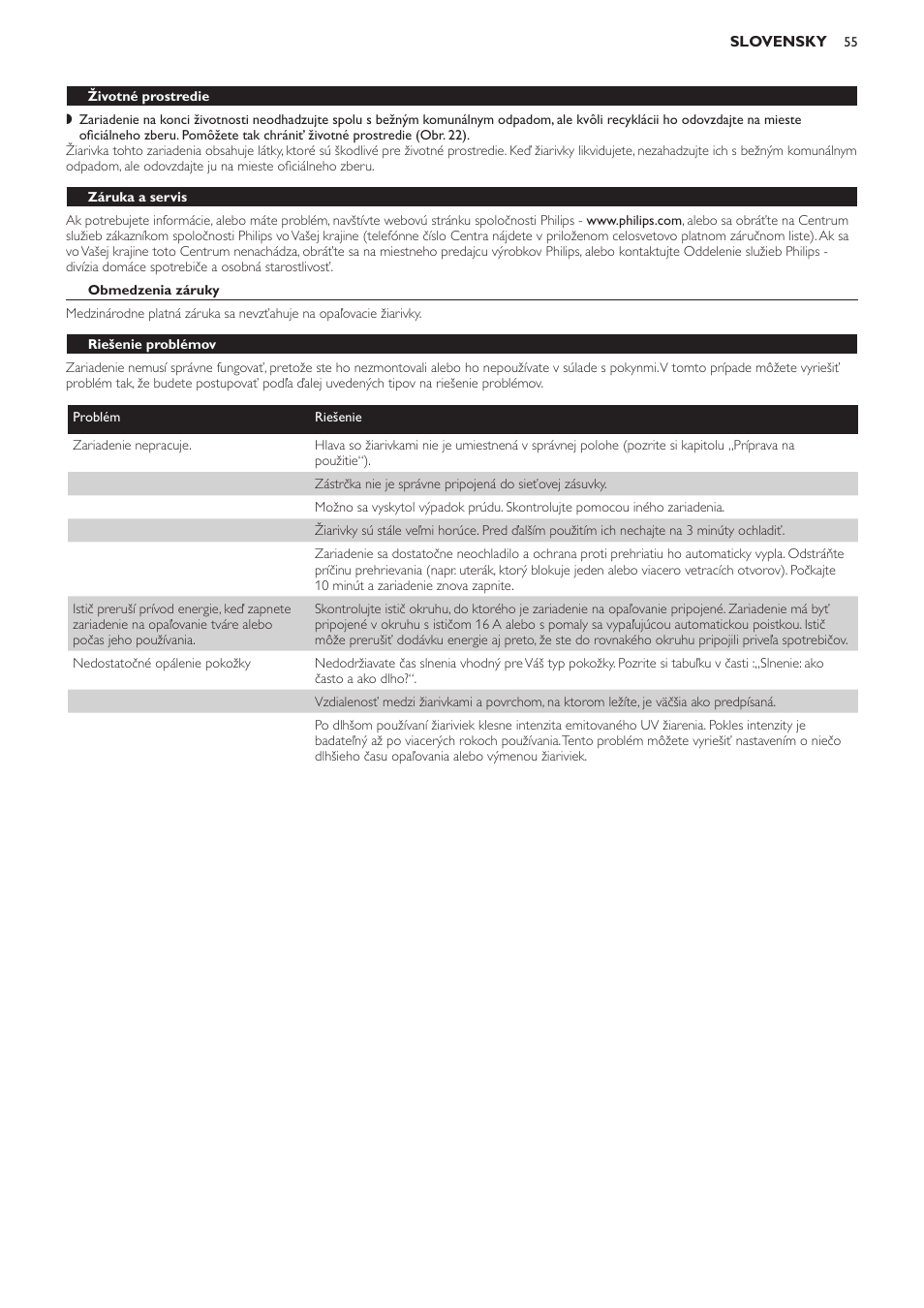 Životné prostredie, Záruka a servis, Obmedzenia záruky | Riešenie problémov | Philips HB823 User Manual | Page 55 / 72