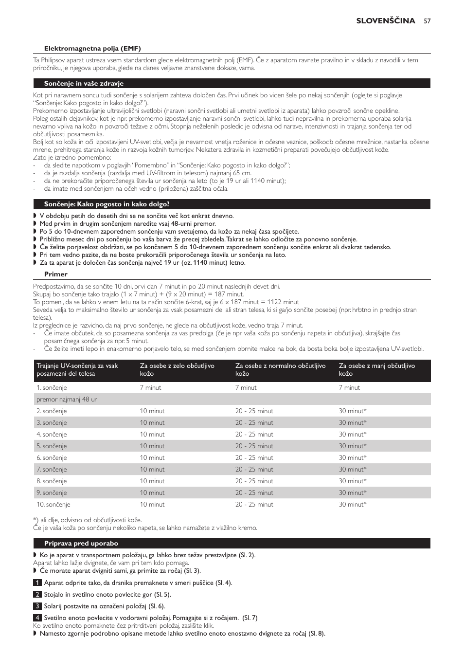 Sončenje in vaše zdravje, Sončenje: kako pogosto in kako dolgo, Primer | Priprava pred uporabo | Philips HB823 User Manual | Page 57 / 72