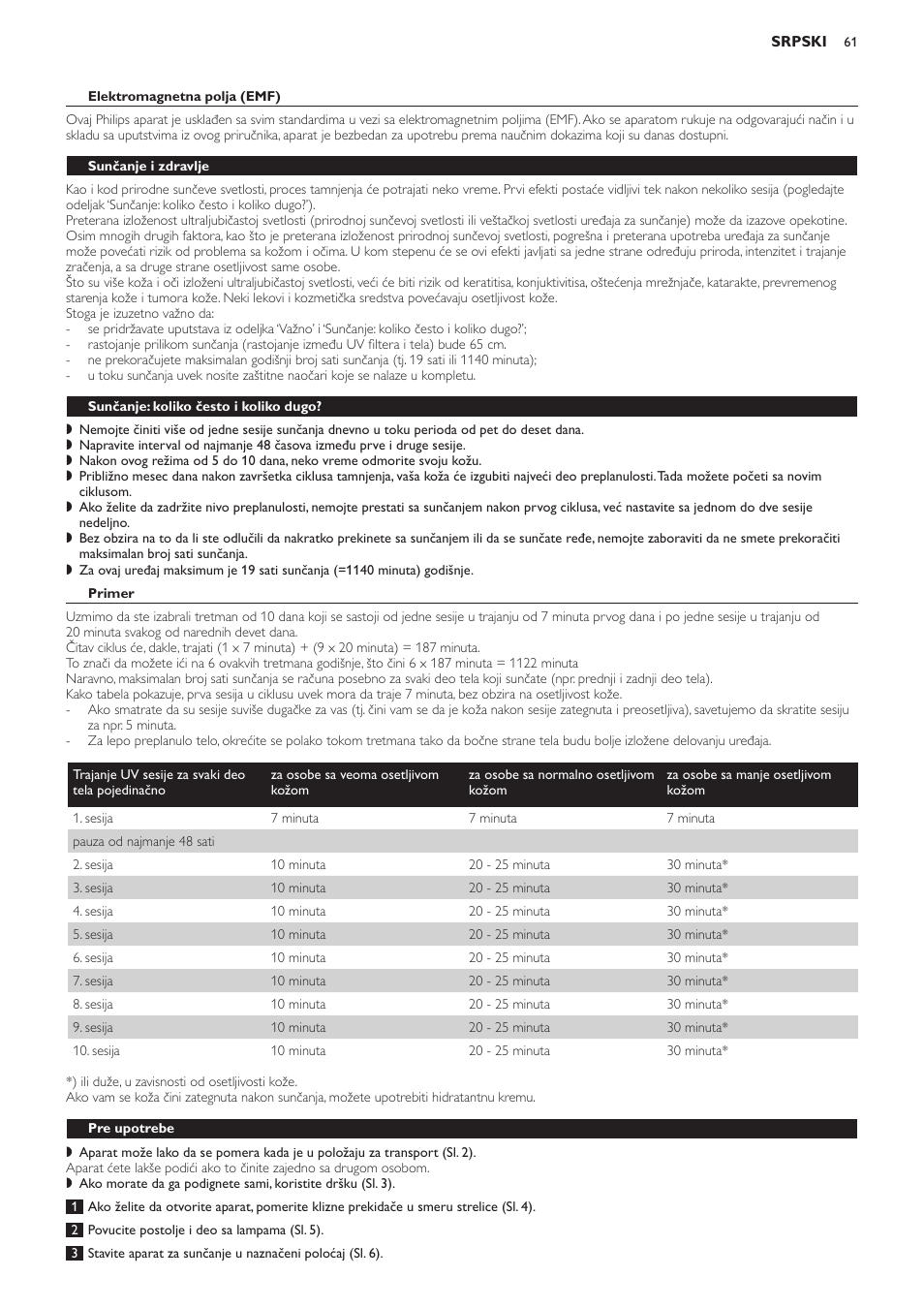 Elektromagnetna polja (emf), Sunčanje i zdravlje, Sunčanje: koliko često i koliko dugo | Primer, Pre upotrebe | Philips HB823 User Manual | Page 61 / 72