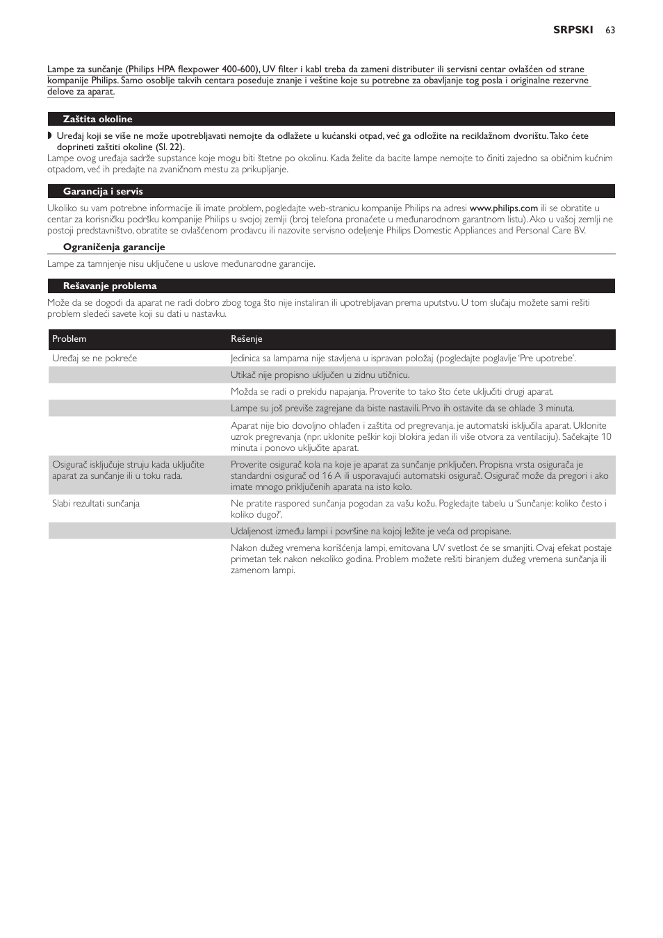 Zaštita okoline, Garancija i servis, Ograničenja garancije | Rešavanje problema | Philips HB823 User Manual | Page 63 / 72