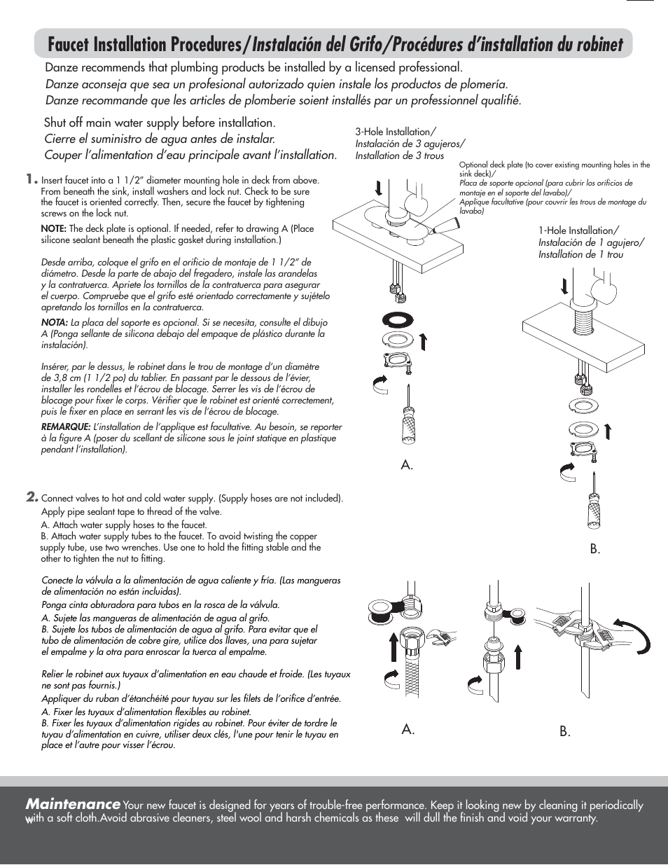 Maintenance, A. b | Danze D221530 - Installation Manual User Manual | Page 2 / 4