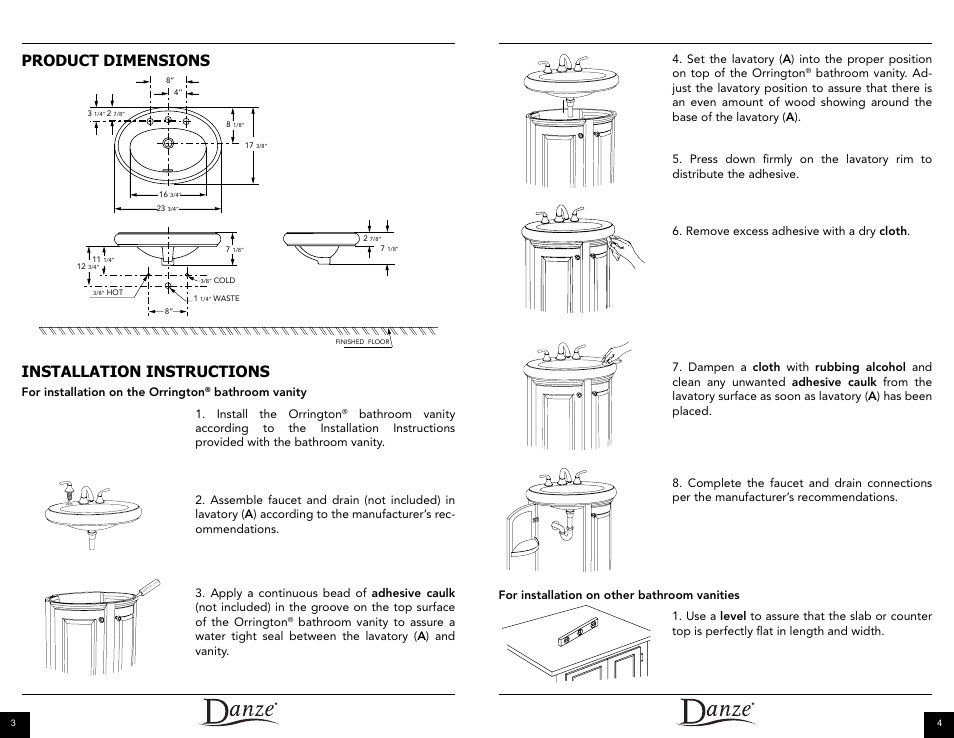 Installation instructions, Product dimensions, For installation on the orrington | Bathroom vanity 1. install the orrington | Danze DC017118 - Installation Manual User Manual | Page 3 / 10