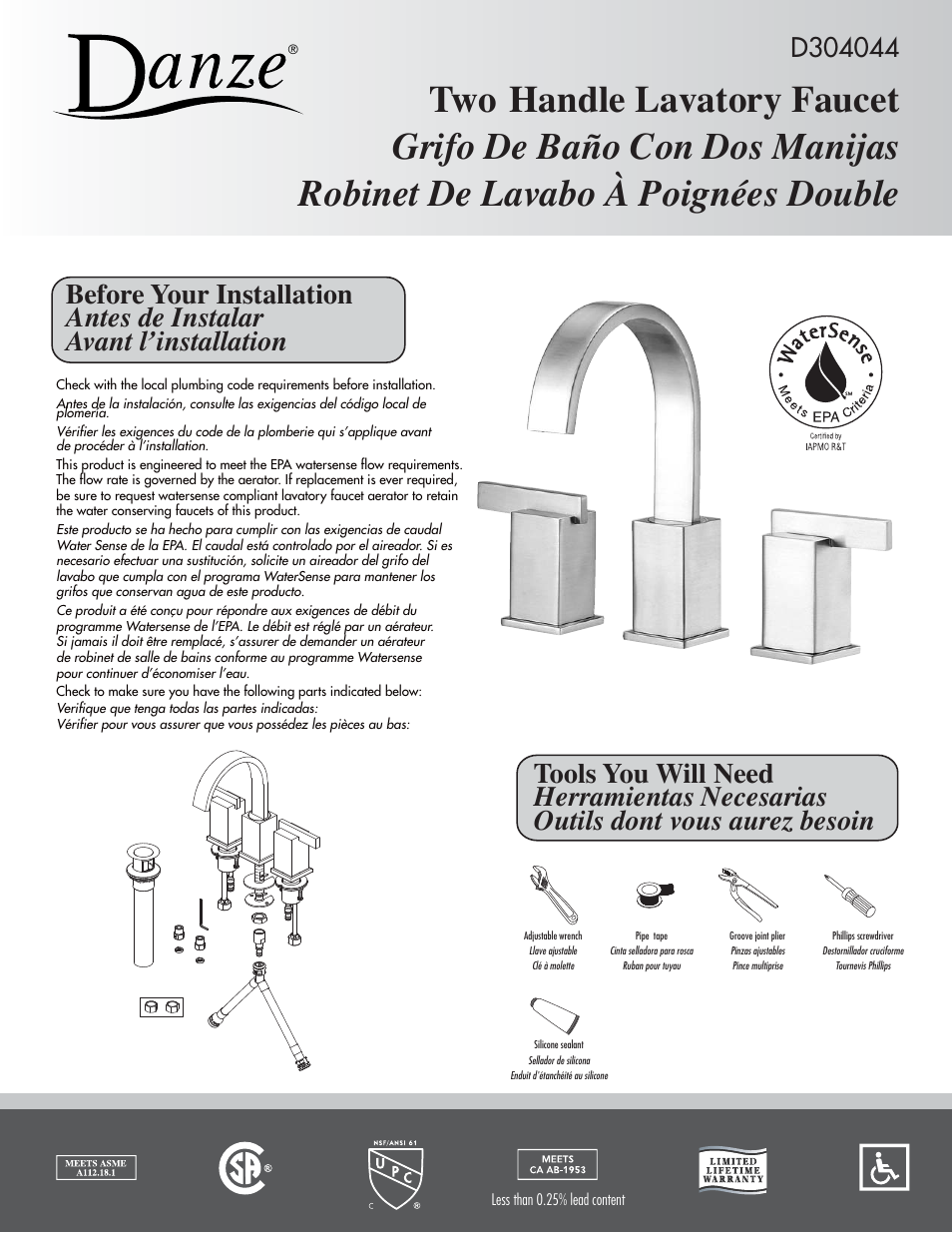 Danze D304044 - Installation Manual User Manual | 8 pages