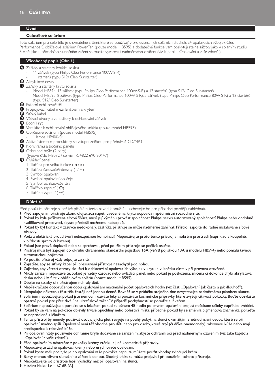Čeština, Úvod, Celotělové solárium | Elektromagnetická pole (emp), Všeobecný popis﻿ (obr. 1), Důležité | Philips HB594 User Manual | Page 16 / 88