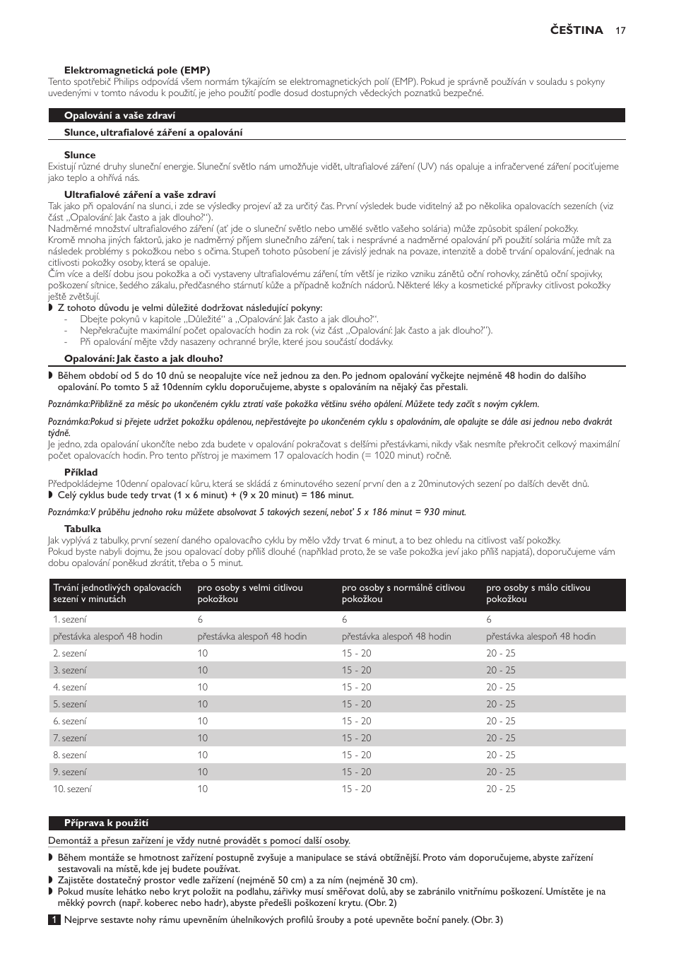 Opalování a vaše zdraví, Slunce, ultrafialové záření a opalování, Slunce | Ultrafialové záření a vaše zdraví, Opalování: jak často a jak dlouho, Příklad, Tabulka, Příprava k použití | Philips HB594 User Manual | Page 17 / 88