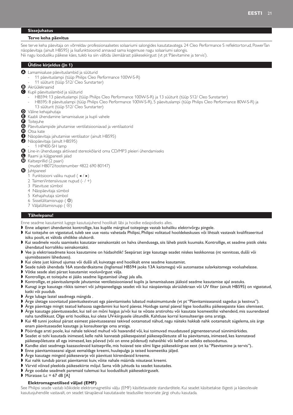 Eesti, Sissejuhatus, Terve keha päevitus | Elektromagnetilised väljad (emf), Üldine kirjeldus﻿ (jn 1), Tähelepanu | Philips HB594 User Manual | Page 21 / 88