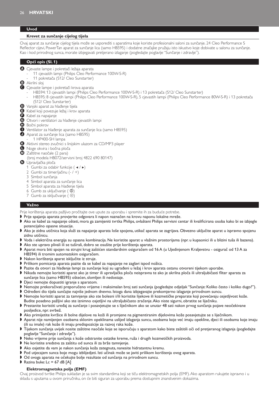 Hrvatski, Uvod, Krevet za sunčanje cijelog tijela | Elektromagnetska polja (emf), Opći opis﻿ (sl. 1), Važno | Philips HB594 User Manual | Page 26 / 88