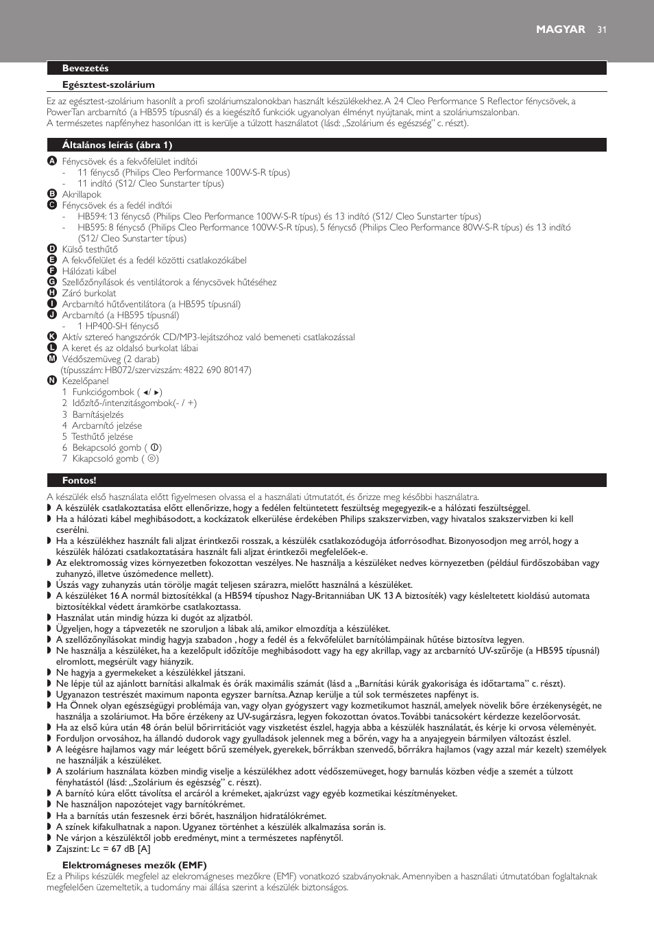 Magyar, Bevezetés, Egésztest-szolárium | Elektromágneses mezők (emf), Általános leírás﻿ (ábra 1), Fontos | Philips HB594 User Manual | Page 31 / 88