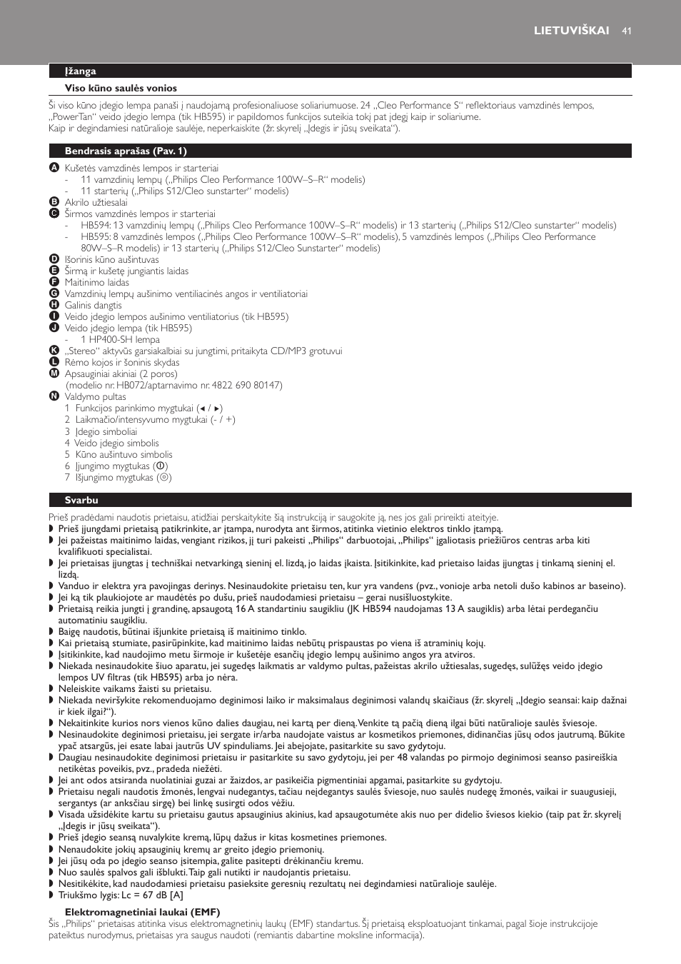 Lietuviškai, Įžanga, Viso kūno saulės vonios | Elektromagnetiniai laukai (emf), Bendrasis aprašas﻿ (pav. 1), Svarbu | Philips HB594 User Manual | Page 41 / 88