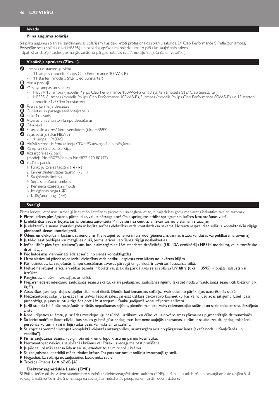Latviešu, Ievads, Pilna auguma solārijs | Elektromagnētiskie lauki (emf), Vispārējs apraksts﻿ (zīm. 1), Svarīgi | Philips HB594 User Manual | Page 46 / 88