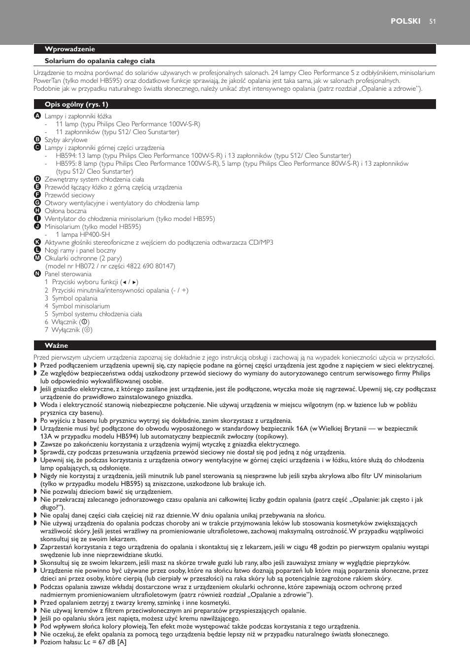 Polski, Wprowadzenie, Solarium do opalania całego ciała | Opis ogólny﻿ (rys. 1), Ważne | Philips HB594 User Manual | Page 51 / 88