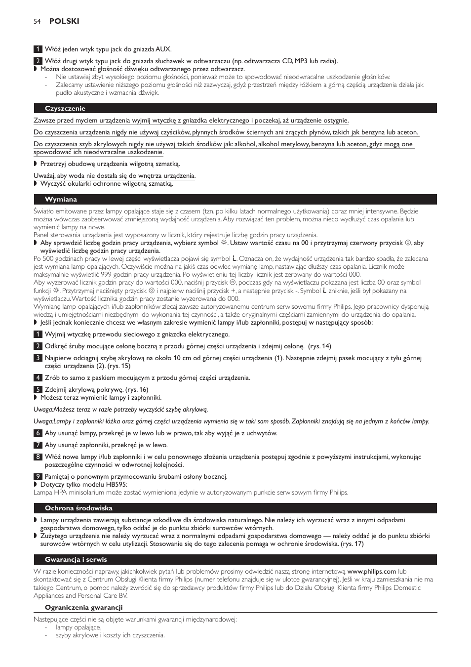 Czyszczenie, Wymiana, Ochrona środowiska | Gwarancja i serwis, Ograniczenia gwarancji | Philips HB594 User Manual | Page 54 / 88