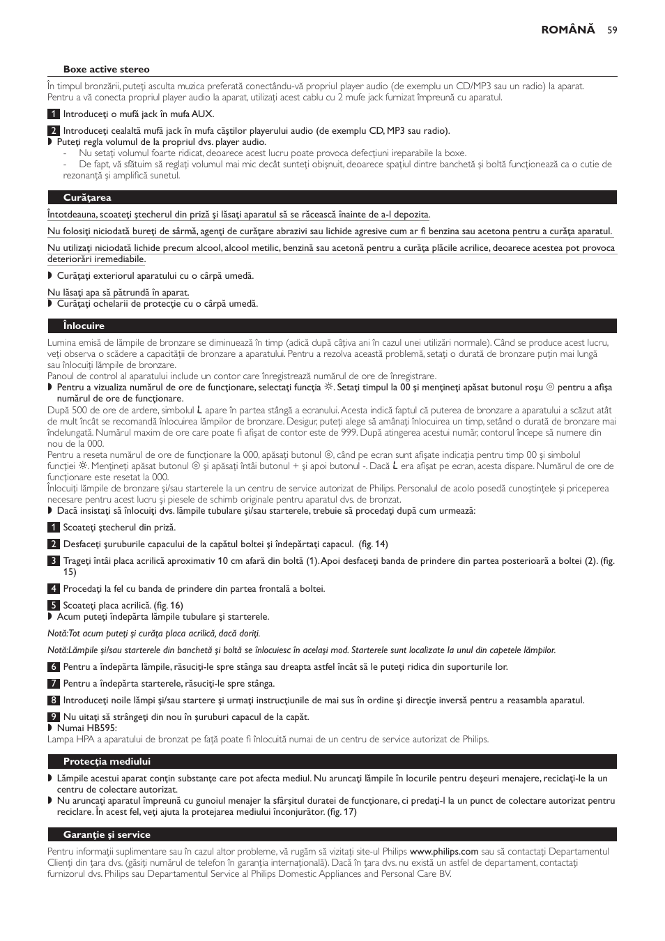 Boxe active stereo, Curăţarea, Înlocuire | Protecţia mediului, Garanţie şi service, Restricţii de garanţie | Philips HB594 User Manual | Page 59 / 88