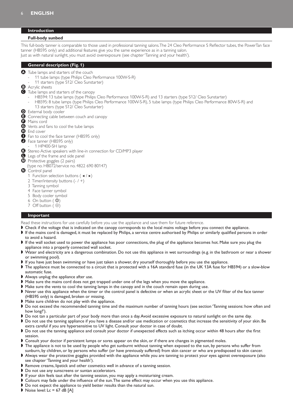 English, Introduction, Full-body sunbed | Electromagnetic fields (emf), General description﻿ (fig. 1), Important | Philips HB594 User Manual | Page 6 / 88
